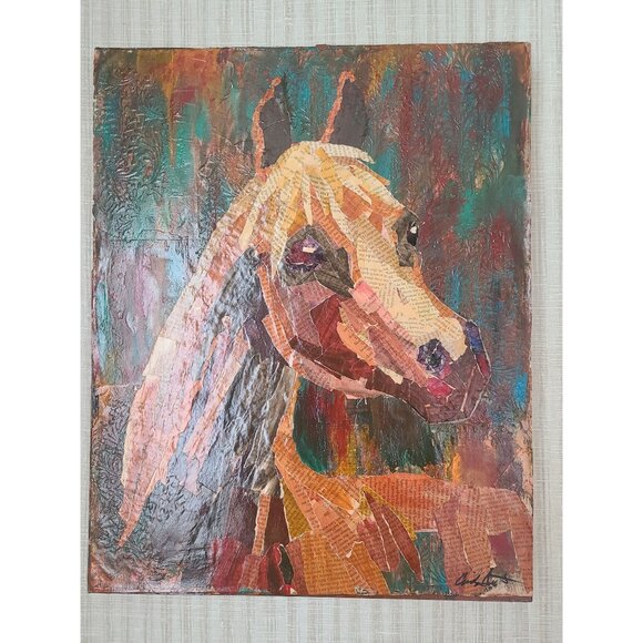 Arabian Horse Mixed Media Torn Paper Collage Art 16"x20" On Cradled‎ Wood Panel - Picture 2 of 8